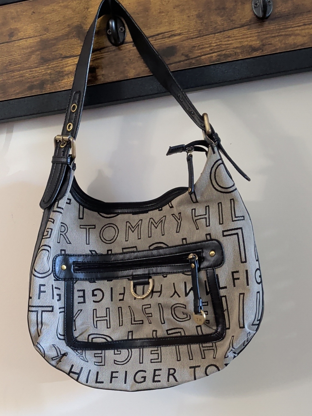 Tommy Hilfiger Beige Canvas Logo Hobo with Black Trim